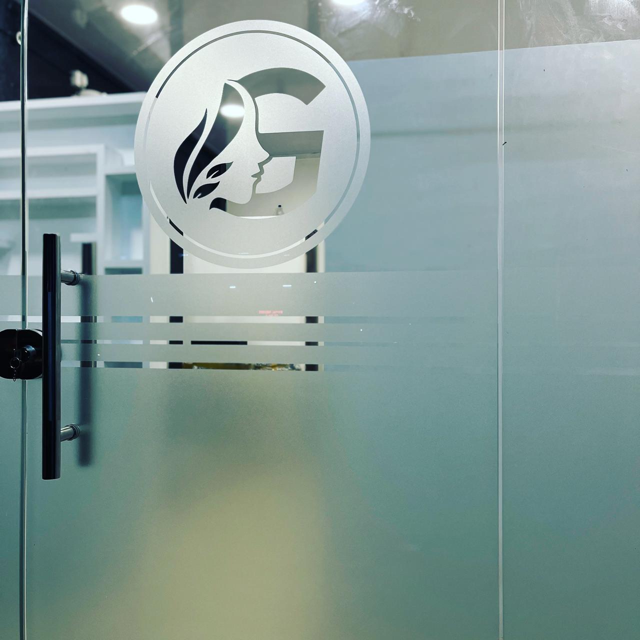 Salon Entrance with Frosted Glass and Logo